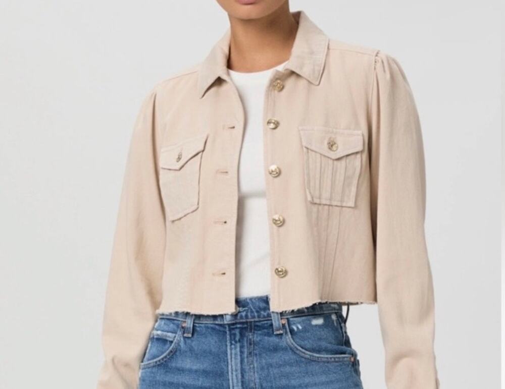 Paige Pacey Raw Hem Crop Twill Jacket in Soft Beige Sz Medium